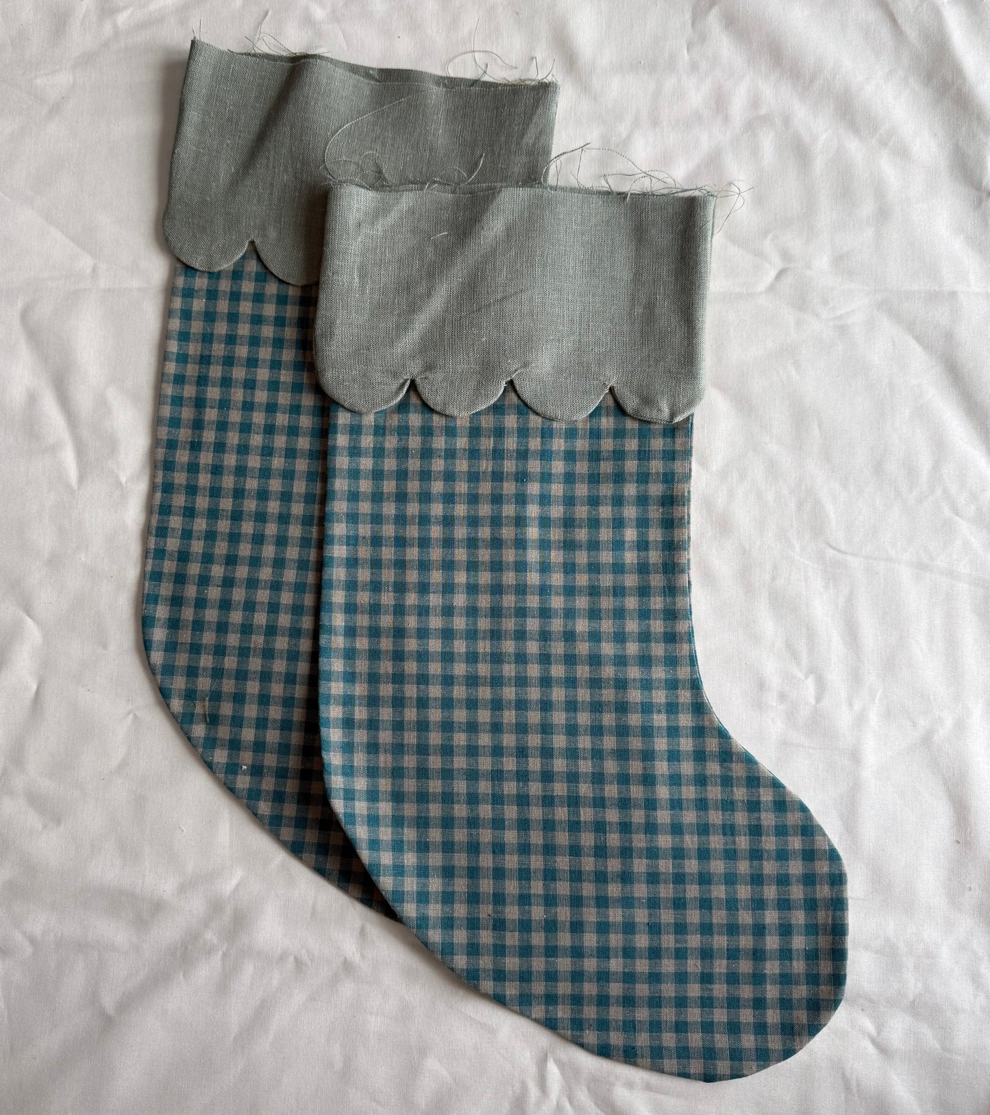 Christmas stockings green plaid sock/ sage green scallops